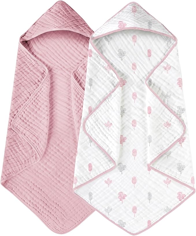 Yoofoss Hooded Baby Towels for Newborn 2 Pack 100% Muslin Organic Cotton Baby Bath Towel with Hood for Babies, Infant, Toddler and Kids, 32x32Inch, Soft and Absorbent Newborn Essential,Pink&Wh Leaf