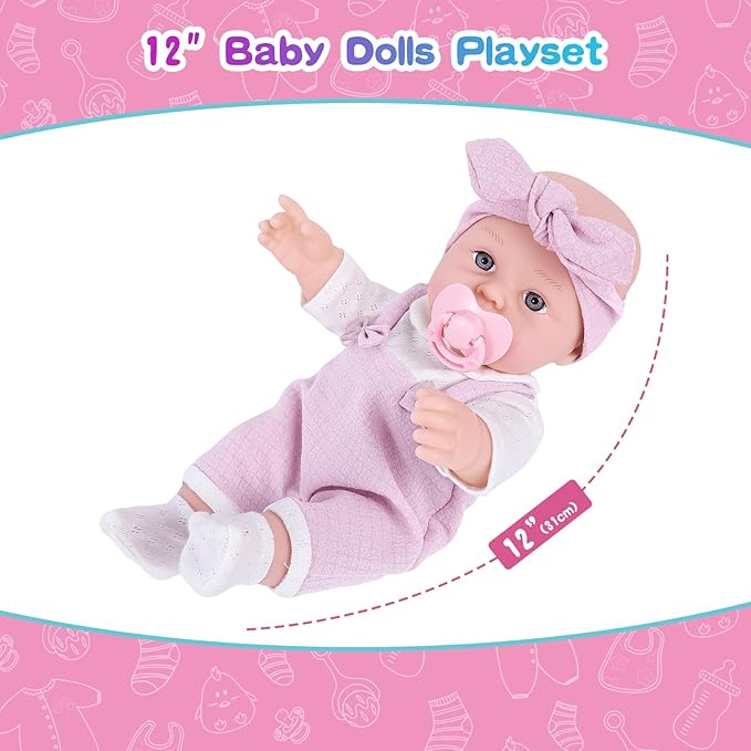 12'' Baby Doll Playset with Clothes and Dolls Carrier Accessories Included Baby Carrier, Bottles, Nipple, Socks, Headbands