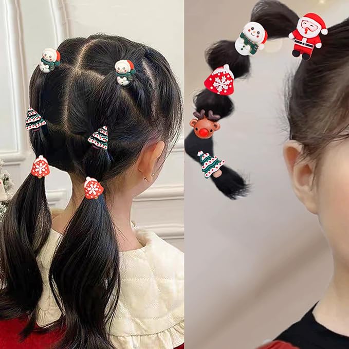 Baby Hair Ties No Damage Christmas Accessories for Little Girls, 10Pcs Red Ponytail Holders for Toddler Kids Thin Hair, Cute Elastic Bands With Santa Clause Snowman Xmas Tree Reindeer