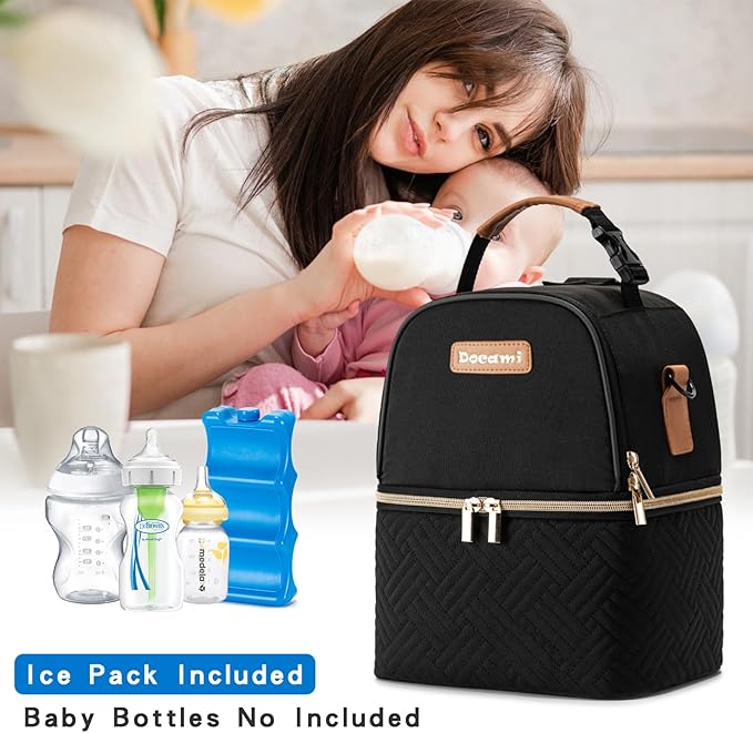 Breastmilk Cooler Bag with Ice Pack & Mat Fit 6 Bottles Up to 9 Ounce, Baby Bottle Cooler Bag for Moms, Daycare & Travel, Black