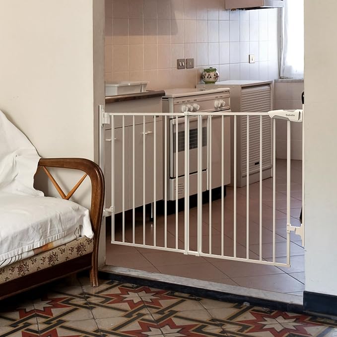 Babelio 27-45" No Bottom Bar Baby/Dog Gate with Easy Installation, 2-in-1 Auto Close Design, Suitable for The House, Stairs, and Doorways, Safety Pet Gates with Large Walk-Thru Door, White