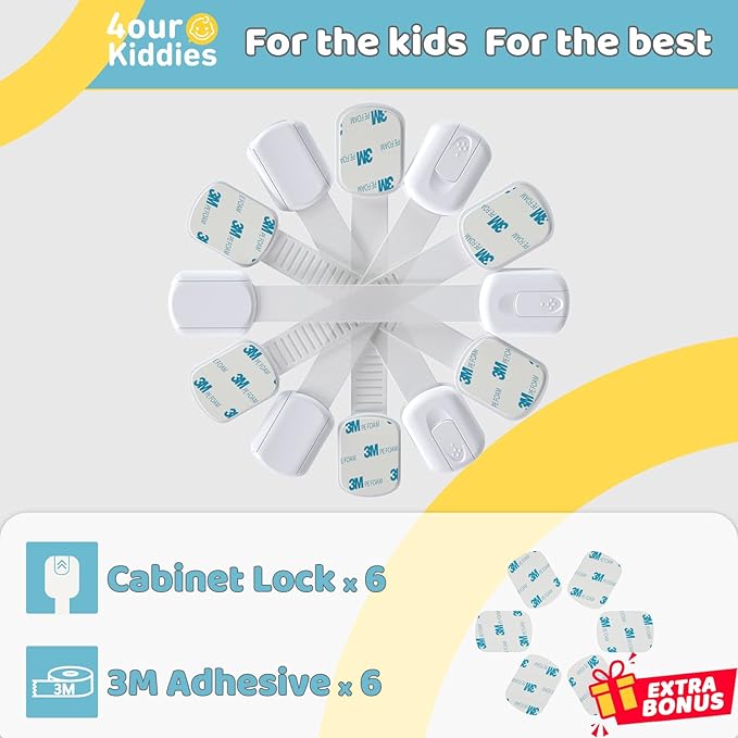 4our Kiddies Child Safety Cabinet Locks for Babies (6 Pack), Child Proof Latches for Cabinets and Drawers Doors, Baby Proofing Cabinet Strap Locks for Cupboard and Closet with 6 Pcs Extra 3M Adhesives