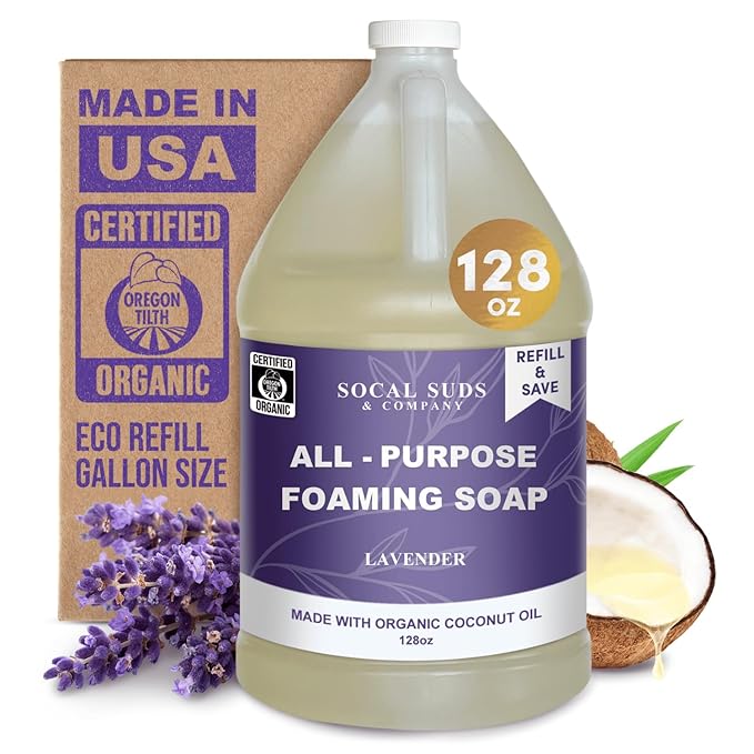 SoCal Suds & Company 128oz Certified Organic Foaming Hand & Body Wash - Gentle Natural Body,Baby & Face Wash for Sensitive Skin, Moisturizing Soap, Hand Soap and More - Lavender
