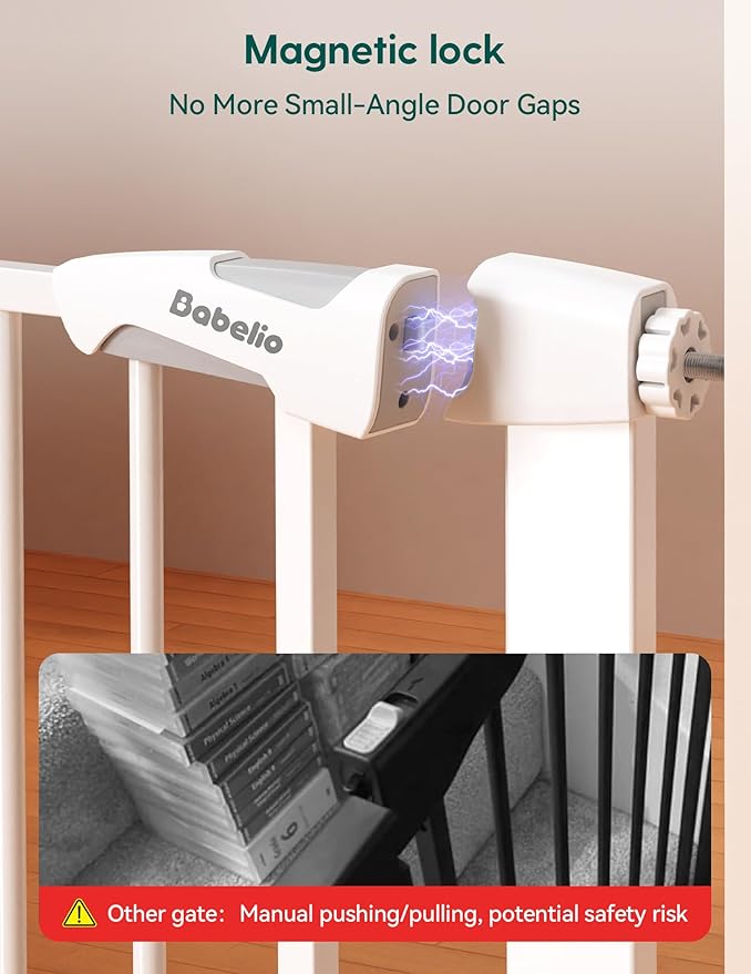 Babelio 29-43" Magnetic Baby Gate for Stairs,Doorways House,Kitchen,30" Tall Pet Barrier with Baffles,Pressure Mounted & Dual-Lock Design Safety for Kids Toddler,Auto-Close/Hold-Open,White