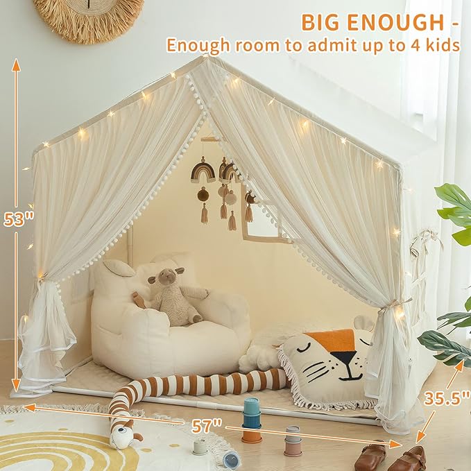 Kids Play Tent with Padded Mat, Kids Tents Large Princess Castle Pompoms Play House Indoor Playhouse Tent for Girl Bed Tents