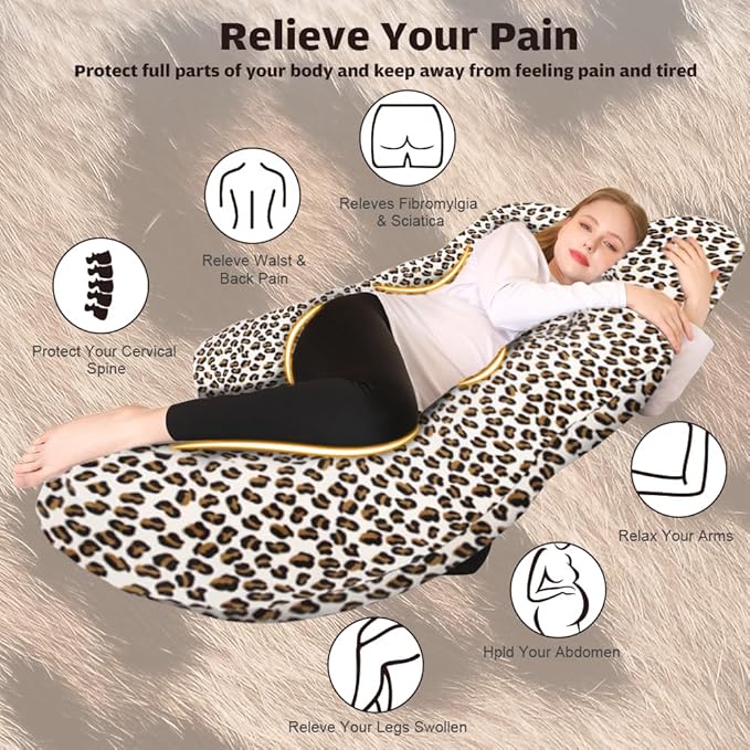 Chilling Home Pregnancy Pillow, J Shape Pregnancy Pillows for Sleeping, Body Pillows for Adults, Maternity Pillow for Pregnant Women, with Velvet Removable Cover, Leopard Print