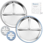 Stainless Steel Toddler Plate with Suction, 9” Divided Plates with Removable Silicone Sleeves for Kids, Non Toxic & BPA Free | Non Slip | Unbreakable Baby Snack Dishes Set of 2, Blue & Gray