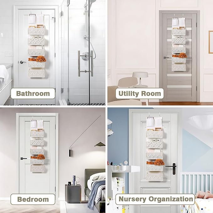ANTIS'S HOME Over the Door Organizer Macrame Boho Nursery Storage with 5 Large Woven Pockets, Hanging Closet Basket for Bathroom or Nursery, Behind the Door Storage Organizer