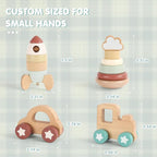 FReniland Wooden Montessori Toys, 4-Piece Wooden Baby Toy, Rainbow Stacking Ring,Car Push and Pull Toy, Rocket Stacking Ring Babys Toys,Newborn Baby Gift Sets for Boys and Girls