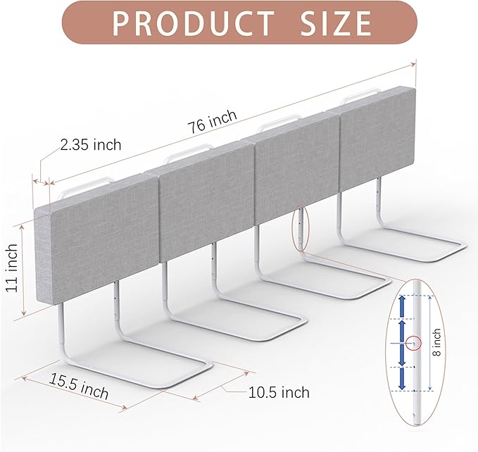 Bed Rail, Bed Rail for Toddlers, Kid, Adult, 78.7" Bed Side Rails for Full, Queen, King, Twin, Bunk, Dorm Beds to Prevent Falls, Bed Rails Can be Flexibly Combined, Easy Installation (Gray, 4 Packs)