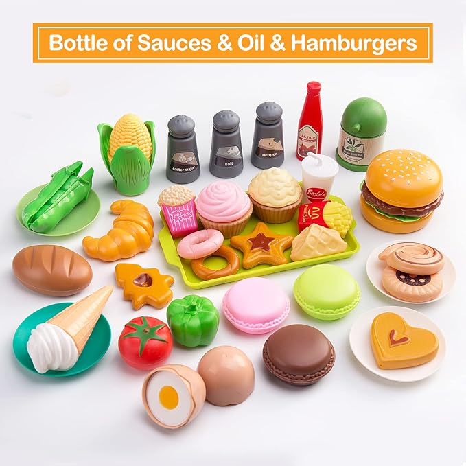 130Pcs Kitchen Playset, Toddler Pretend Cooking Play Pots, Pans, Utensils Cookware, Daily Food Fruit Veges, Shopping Storage Basket, Dessert, Prop Money, Learning Gift for Child (White)