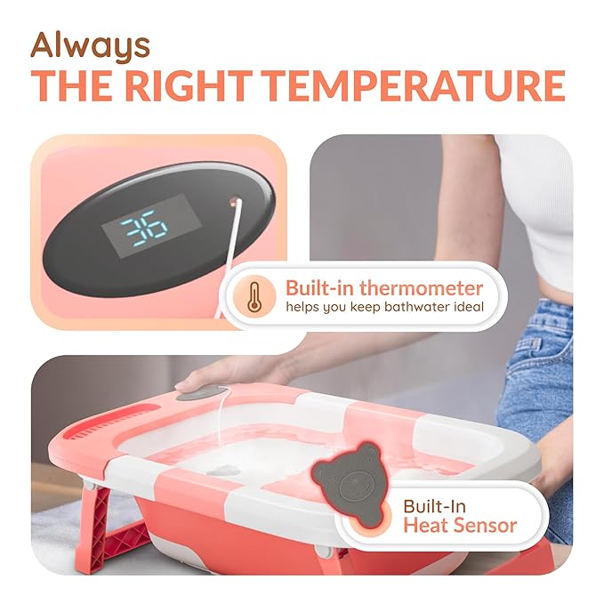 Collapsible Bathtub Baby for Infants & Newborns w/Thermometer, Drain Plug with Heat Sensor & Scoop – Compact Travel Baby Bath Space-Saving Bath for Travel, Shower & Small Bathrooms