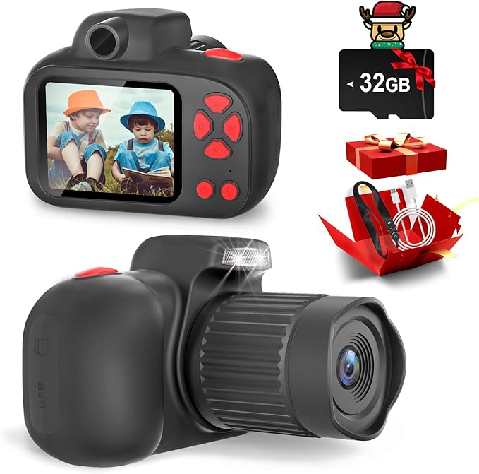 Temodu Kids Camera, Best Birthday Festival Toys Gifts for Girls Boys Age 3 4 5 6 7 8 9 10 11 12 Year Old, Digital Camera for Kids with Video, Toy Camera Toddler Camera for Girls with 32GB Card - Black
