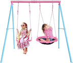 440lbs 2 Seat Kids Swing Sets for Backyard, 1 Saucer Tree Swing 32 inch, 1 Belt Swings, Heavy Duty Metal Swing Stand with Anchors(Pink+Blue)
