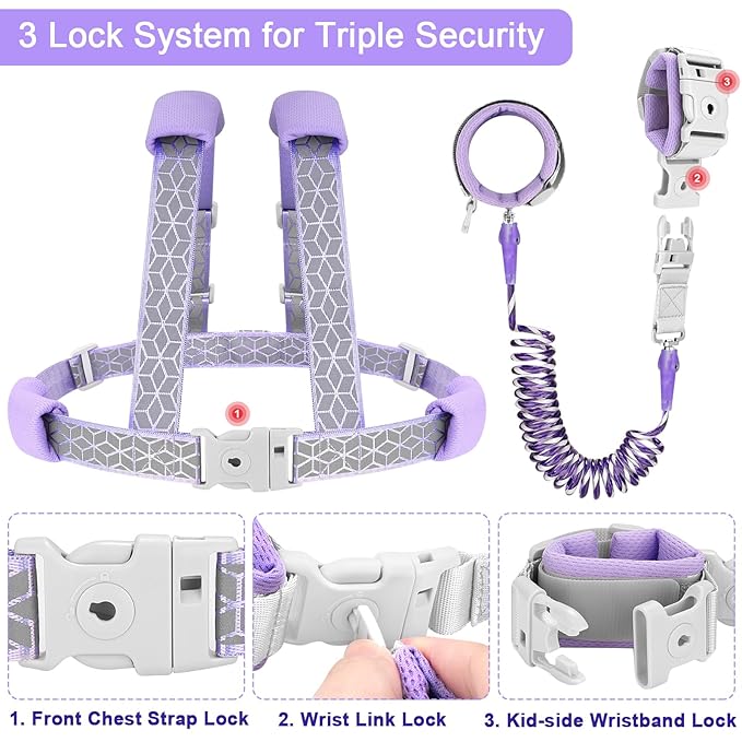 Accmor 3 in1 Toddler Harness Leash, Reflective kid Harness with Anti Lost Wrist Link, Harness Leash for Toddlers, Child Walking Harness kids Leash Wristband Rope Belt with Lock for Baby Girls (Purple)