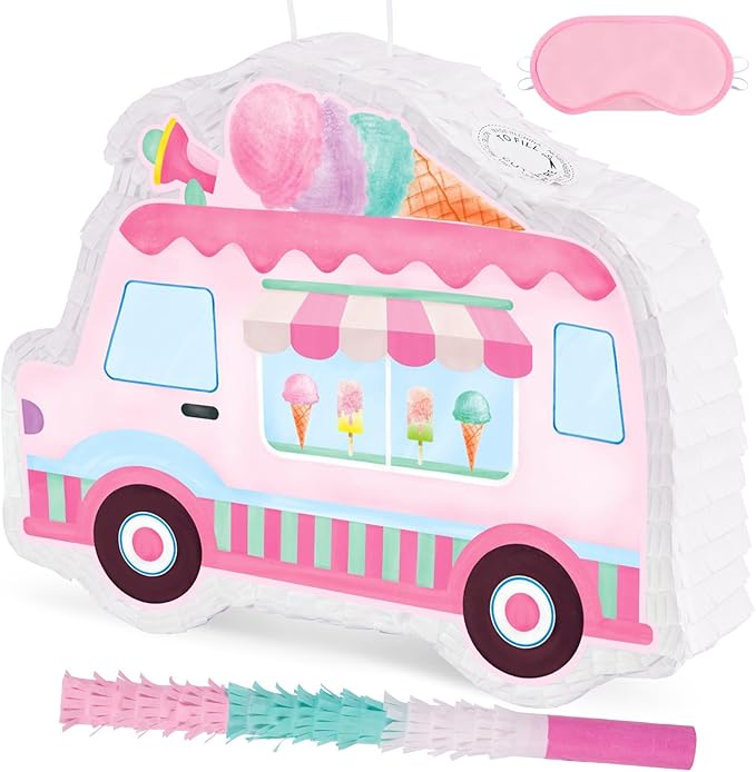WERNNSAI Ice Cream Piñata -15.7'' x 12.2'' Ice Cream Truck Piñata with Stick and Blindfold Birthday Game for Kids Girls Summer Candy Theme Party Baby Shower School Activities Dessert Party Decorations