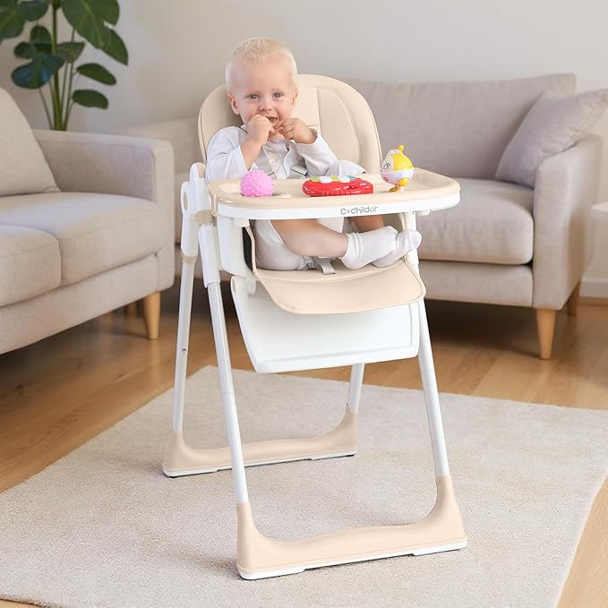 3-in-1 Foldable High Chair for Babies & Toddlers – Adjustable Height, Reclining Seat, 5-Point Safety Harness, Removable Tray, Lockable Wheels and Washable Cushion, Beige