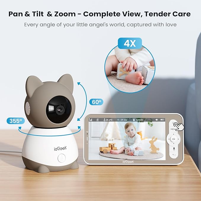ieGeek Baby Monitor with 2K Camera and Audio - Video Monitor with 5" Screen - Night Vision, Two-Way Talk, Cry & Motion Detection, Temper& Humidity Sensor, PTZ, Remote Control via Screen and Free APP