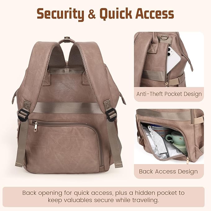 Premium Vegan Leather Diaper Bag Backpack with Waterproof Changing Pad – Reinforced Stitching & Zippers, Baby Bag for Boy Girl, Stroller Straps, Ergonomic Design for Traveling Moms, Taupe