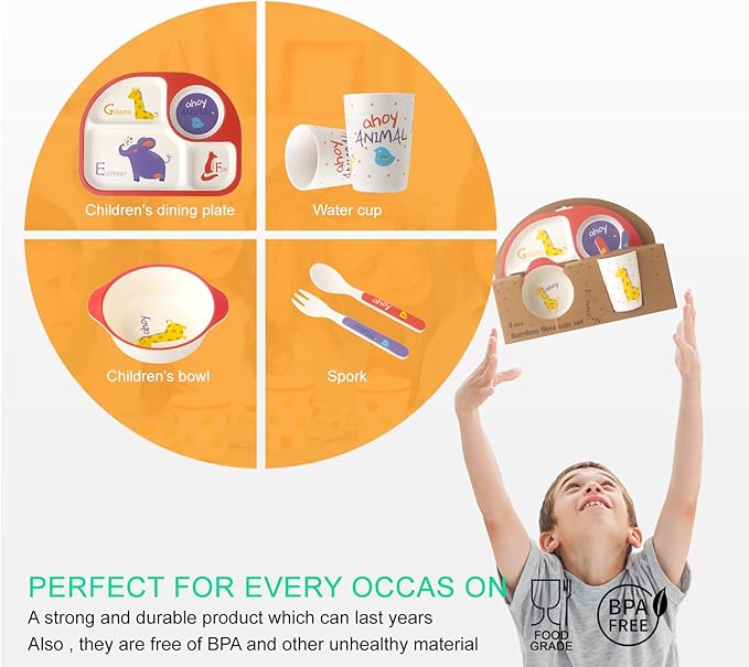 Kids Feeding Set 5 Pcs, Tableware Set for Toddlers Includes Plate Bowl Cup Fork and Spoon Utensil Flatware, Kids Flatware Set Dishwasher Safe, BPA Free (Animalworld)