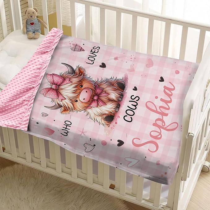 Personalized Baby Blankets for Girls, Custom Name Pink Highland Cow Pattern Baby Blanket, Soft Minky Dot Blanket for Newborns and Toddlers, Ideal for Baby Showers Christmas Brithday Gifts