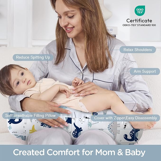 Little Grape Land New Nursing Pillow for Breastfeeding, Larger Breast Feeding Pillow and Positioner with Removable Cover for More Support, Tummy Time and Bottle Feeding Support Pillow, Dinosaur