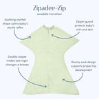 SleepingBaby Zipadee-Zip Transition Swaddle - Cozy Baby Swaddling Blanket with Zipper Convenience - Roomy Wearable Blanket for Easy Diaper Changes - 6-12 Month - Zen Garden Green Heather