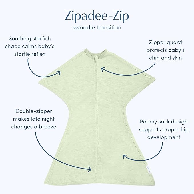SleepingBaby Zipadee-Zip Transition Swaddle - Cozy Baby Swaddling Blanket with Zipper Convenience - Roomy Wearable Blanket for Easy Diaper Changes - 12-24 Month - Zen Garden Green Heather