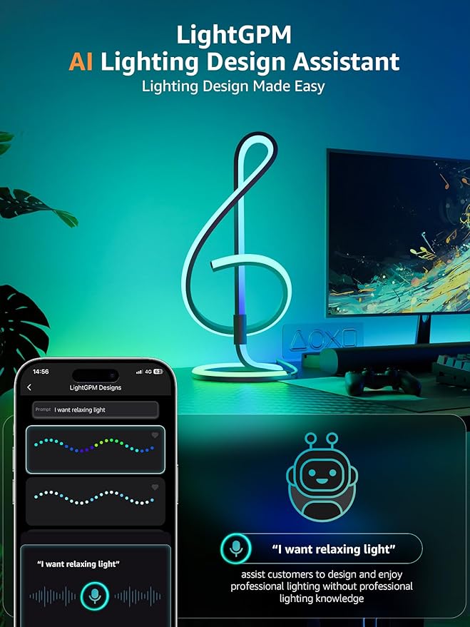 Lepro TB2 AI Smart Table Lamp, RGB+IC Addressable LED Lamp Alexa Google Enable, APP Control Color Changing Modern Spiral Lamp No Remote, Music Sync, AI Generated Lighting LLM,2.4 GHz WiFi/Bluetooth