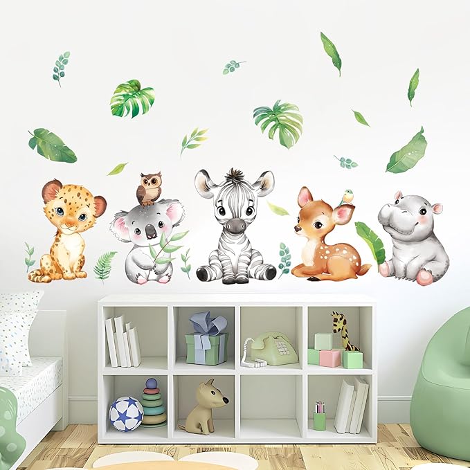 Tanlaby Jungle Animals Wall Stickers Cartoon Woodland Animal Wall Decals Zebra Forest Peel and Stick Art Sticker for Baby Nursery Kids Bedroom Playroom Daycare Classroom Decor