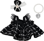 ‌Elegant Black-and-White Dress for 15cm/17cm Dolls - Strap Gown with Heart Pearl Necklace & Bow Headband/Fashion Doll Clothes Set, Accessories for Girl Doll/Perfect for Collectors, Gifts