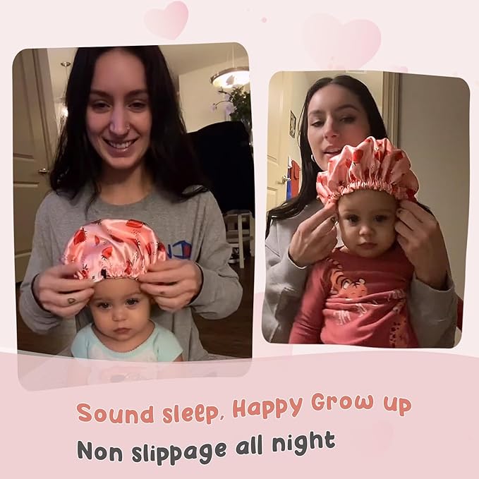 YANIBEST Baby Satin Bonnet Sleep Cap - Double Layer Reversible Adjustable Silky Satin Cap for Infant Toddler(0-6Months,Strawberry)