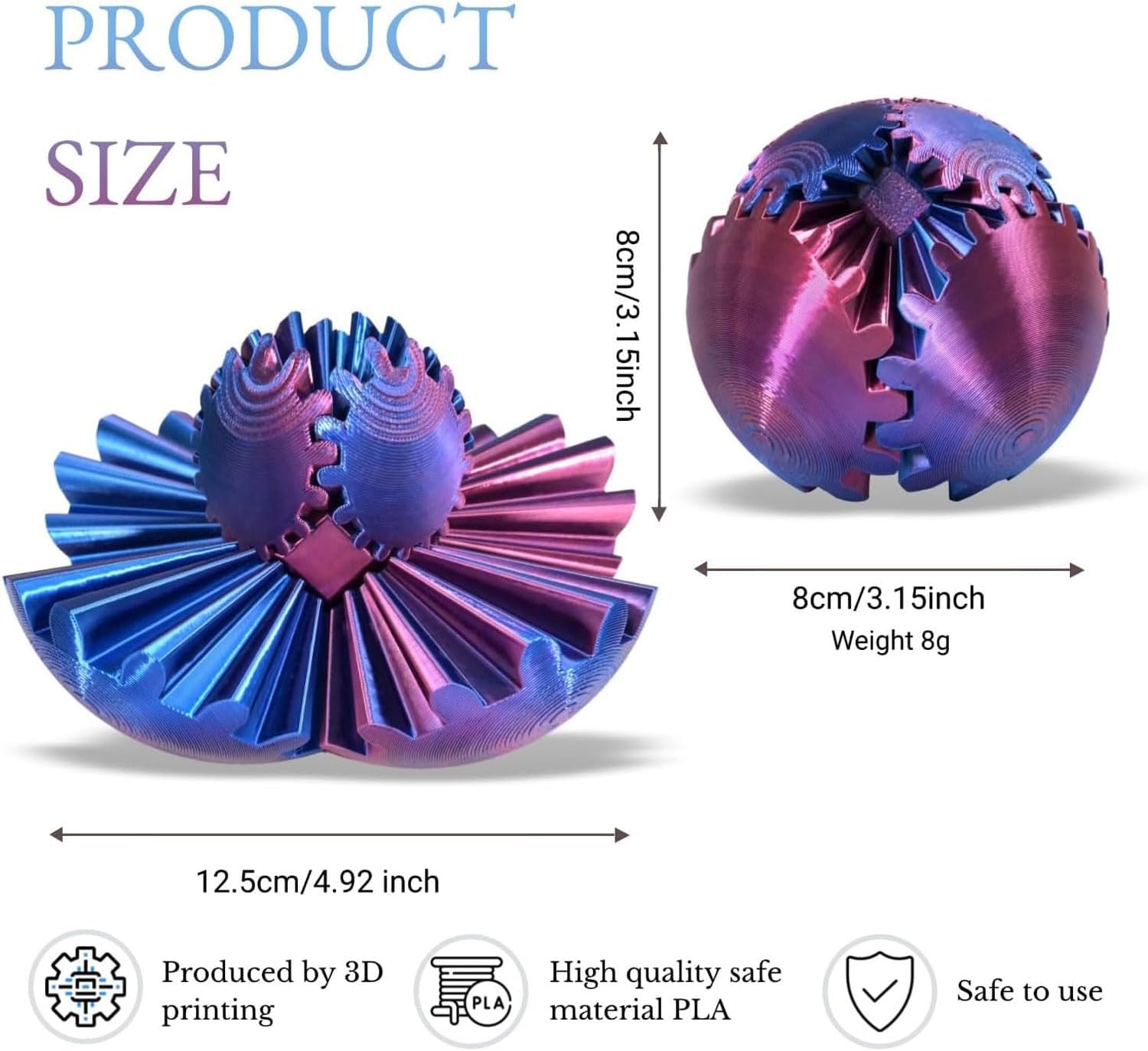 Gear Ball, Gear Sphere 3D Printed Gear Ball Fidget Toy Spin Ball, GearSphere Desk Toy, Stress Ball, Fidget Ball, Gear Toy for Stress and Anxiety Relaxing (Laser Red Blue Green)