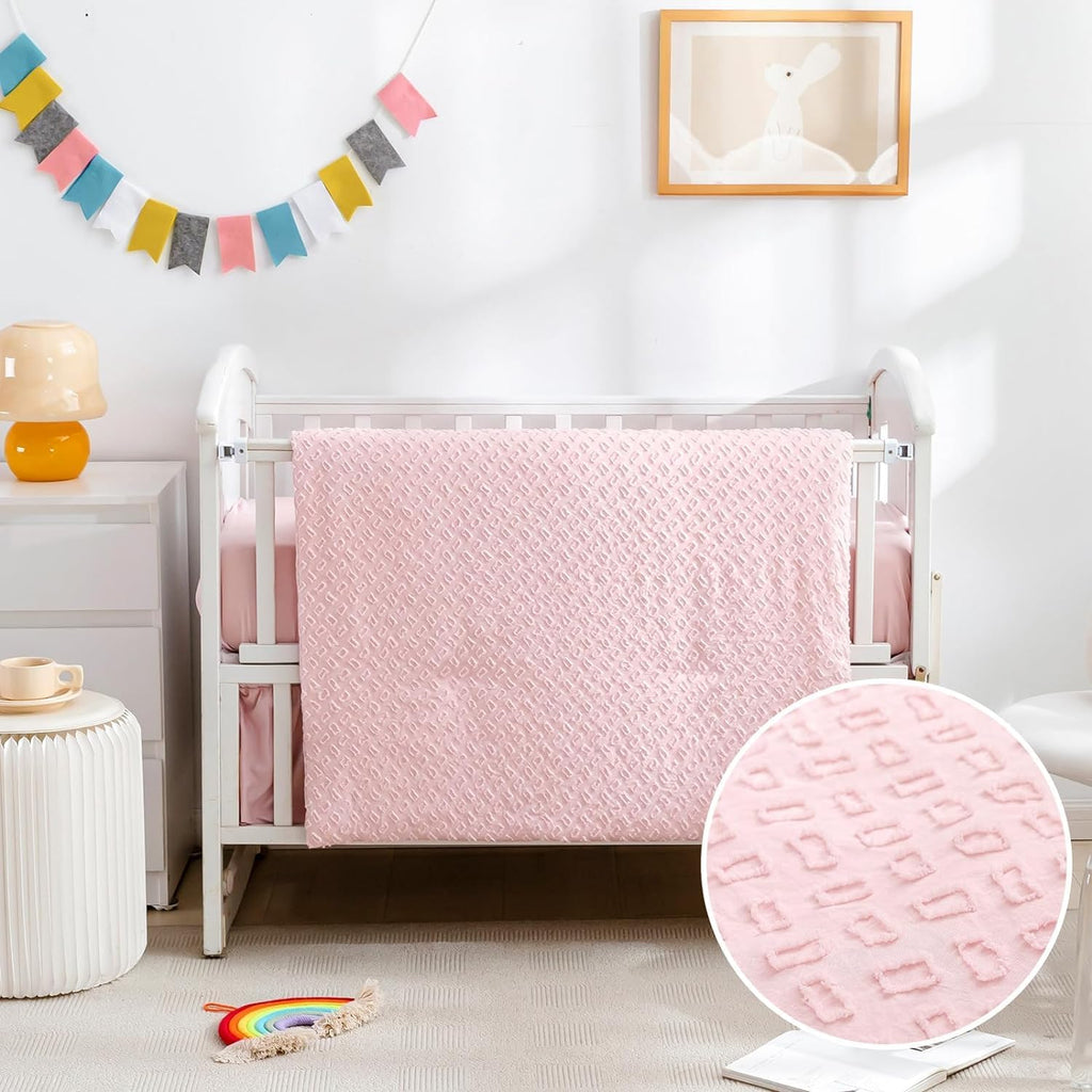 Cokouchyi 3 Piece Bedding Set for Boy Girls, Jacquard Tufted Geometric Crib Set, Includes Crib Skirt, Blanket and Sheet, Baby Bedding, Pink