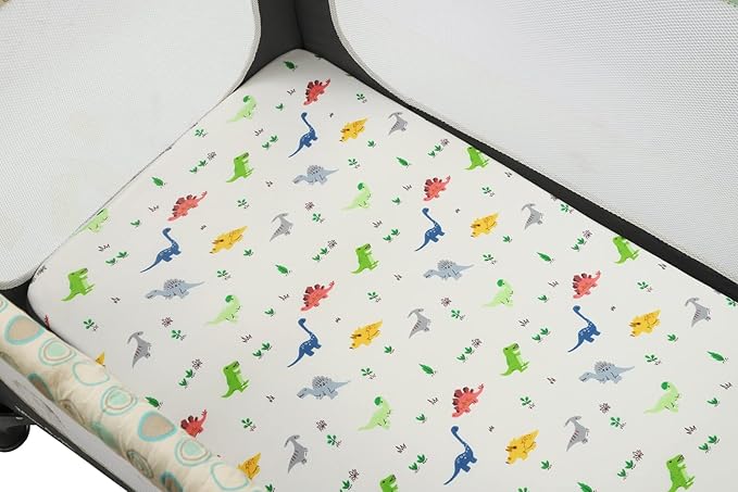 Onacosht Pack n Play Sheets 2 Pack for Baby Boy, Stretchy Jersey Knitted Portable Mini Crib Sheets Playard Mattress Cover, Dinosaur Printing