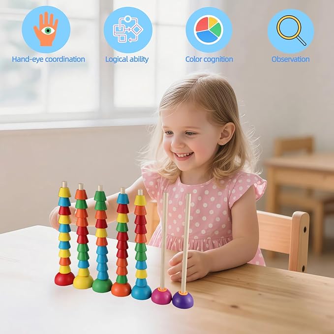 Wooden Stacking Ring Toy Set, Educational Color Pattern Matching Game with Activity Cards, Rainbow Colors，for 3 4 5 Year Old STEM Preschool Learning Montessori Toys Gifts for Kids Boy Girl Toddler