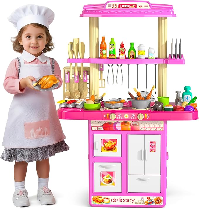 Pretend Play Kitchen Toys for Kid Ages 2-6 4-8, 2 Sided Kitchen Toys with Light, Sound and Spraying, Sink Toy Accessories, Cooking Stoves, Food Toys for Toddlers 1-3 3-5 Boys Girls 6-12 (Pink)