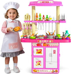 Pretend Play Kitchen Toys for Kid Ages 2-6 4-8, 2 Sided Kitchen Toys with Light, Sound and Spraying, Sink Toy Accessories, Cooking Stoves, Food Toys for Toddlers 1-3 3-5 Boys Girls 6-12 (Pink)