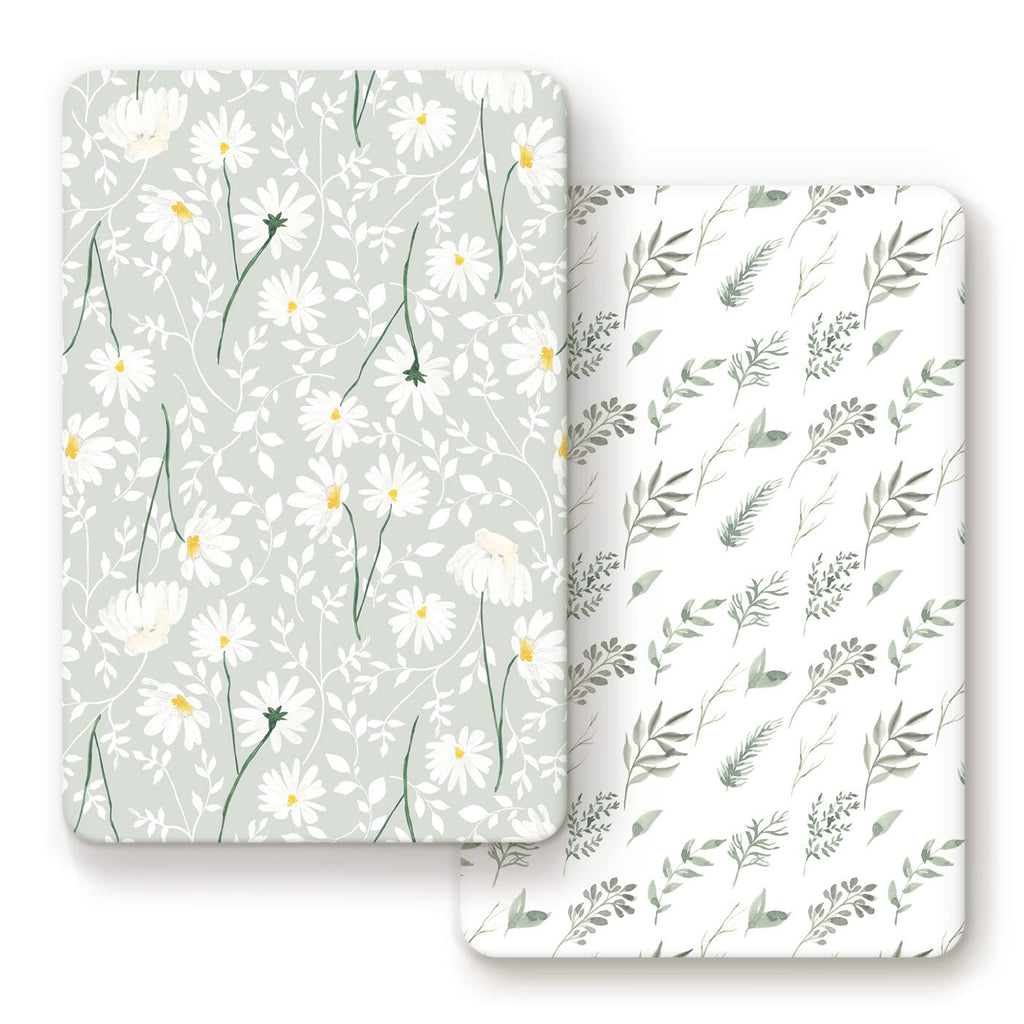 GRSSDER Stretchy Ultra Soft Jersey Knit Fitted Pack n Play Sheets Set 2 Pack, Universal Fitted Portable Pack and Play/Mini Cribs Sheets for Girls, Stylish Watercolor Daisy Flower