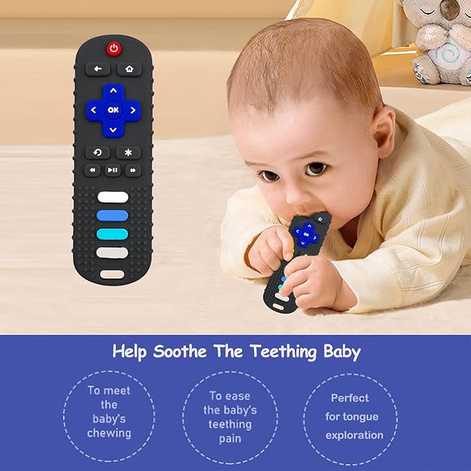 Baby Teething Toys, Food Grade Silicone Teether for Babies 3 6 12 18 Months, TV Remote Shape Toddlers Chew Toys, Freezer BPA Free (Black+Khaki)