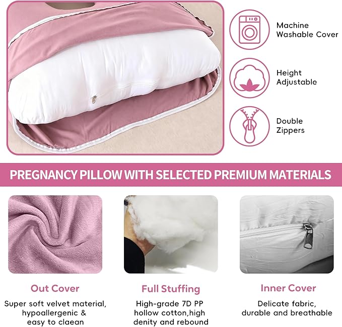 U-Shaped Pregnancy Pillow for Sleeping, Full Body Support for Back, HIPS & Belly -65 Inch Maternity Pillow with Machine Washable Cover | Maternity Essential (Velvet Pink-65inch)