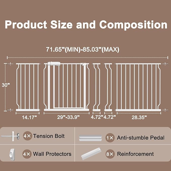 WAOWAO 71.65-85.03" Baby Gate Extra Wide Pressure Mounted Walk Through Swing Auto Close Safety Metal White Toddler Kids Child Dog Pet Puppy for Stairs,Doorways,Kitchen