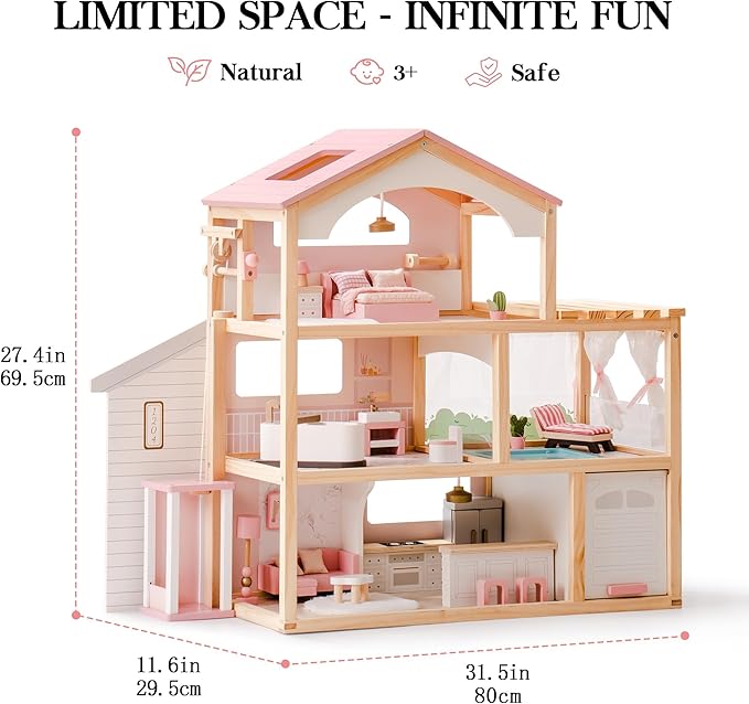 ROBOTIME Wooden Dollhouse, Doll House with 29 Pieces Furniture Set - Pool and Elevator, Wooden Doll House for 4, 5, 6-Inch Dolls, 6 Rooms Pink Dollhouse Gift for Kids Girls Ages 3+ (Pink)