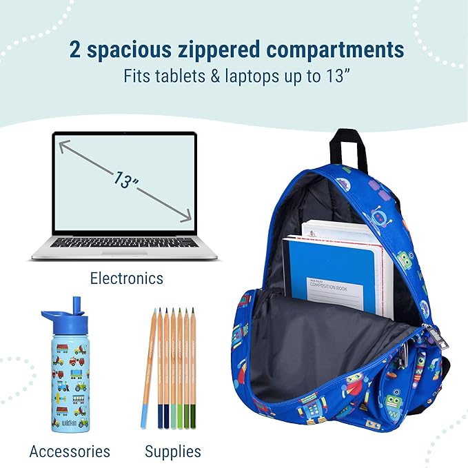 Wildkin 15-inch Kids Backpack – Durable, Padded, Adjustable for School & Travel - Robots