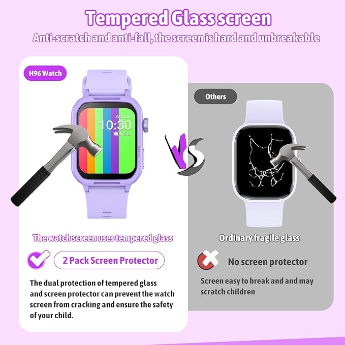 Smart Watch for Kids No Phone Needed, Tempered Glass Fitness Tracker Watch Boy Girl Teens with 19 Sport Modes, Pedometer, Sleep Monitor, Kids Watch Birthday Gifts Toy Gift for Girls Boys 6-16 (Purple)
