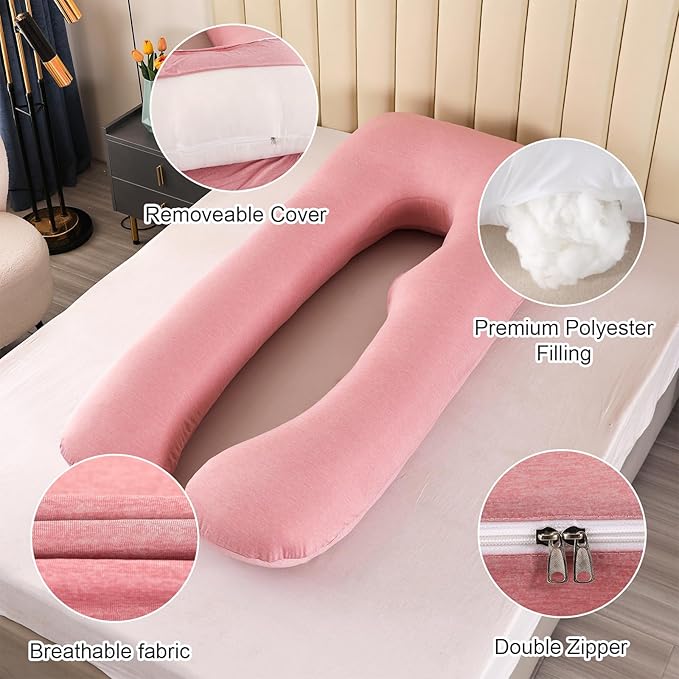Amagoing Cooling Pregnancy Pillow for Sleeping, U Shaped Maternity Full Body Pillow for Women with Hip, Leg, Back Pain Support, Removable Cooling Cover Included (Pink)