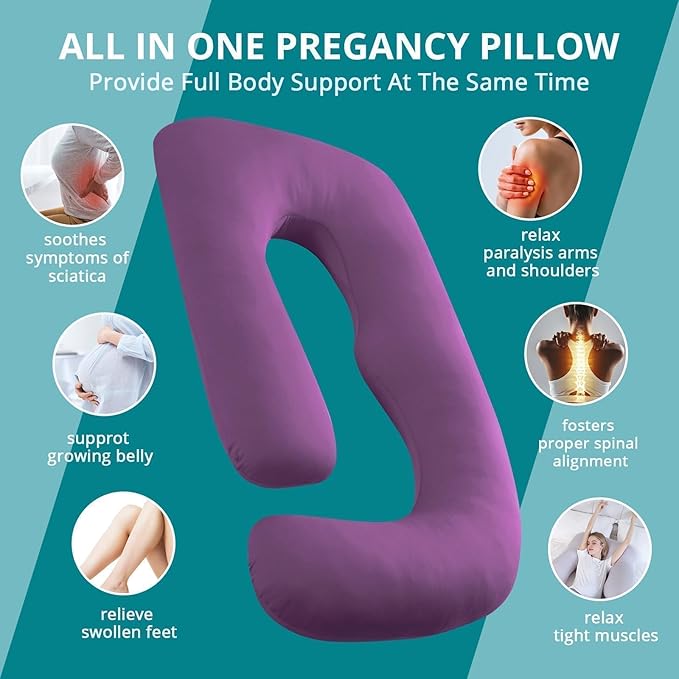 Sasttie Pregnancy Pillows for Sleeping, U Shaped Cooling Full Body Pillow with Removable Cover, Pregnant Women Must Haves, Maternity Essential, Purple