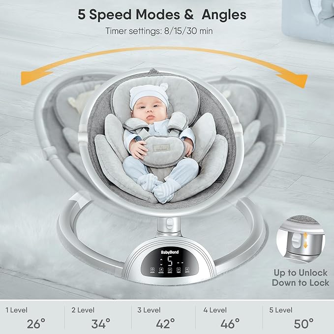 BabyBond Baby Swings for Infants, Bluetooth Infant Swing with Music Speaker, 3 Seat Positions, 5 Point Harness Belt, 5 Speeds and Remote Control - Portable Baby Swing for Indoor and Outdoor (Silver)