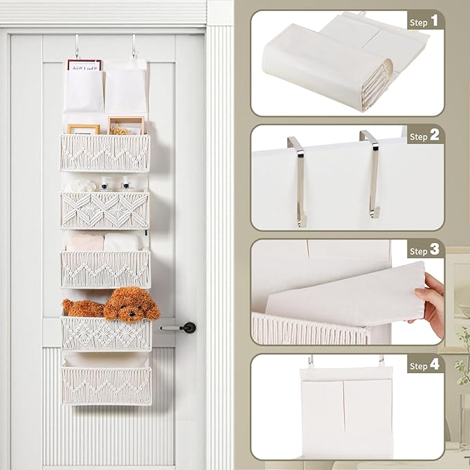ANTIS'S HOME Over the Door Organizer Macrame Boho Nursery Storage with 5 Large Woven Pockets, Hanging Closet Basket for Bathroom or Nursery, Behind the Door Storage Organizer