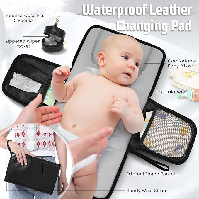 Premium Vegan Leather Diaper Bag Backpack with Waterproof Changing Pad – Reinforced Stitching & Zippers, Baby Bag for Boy Girl, Stroller Straps, Ergonomic Design for Traveling Moms, Black